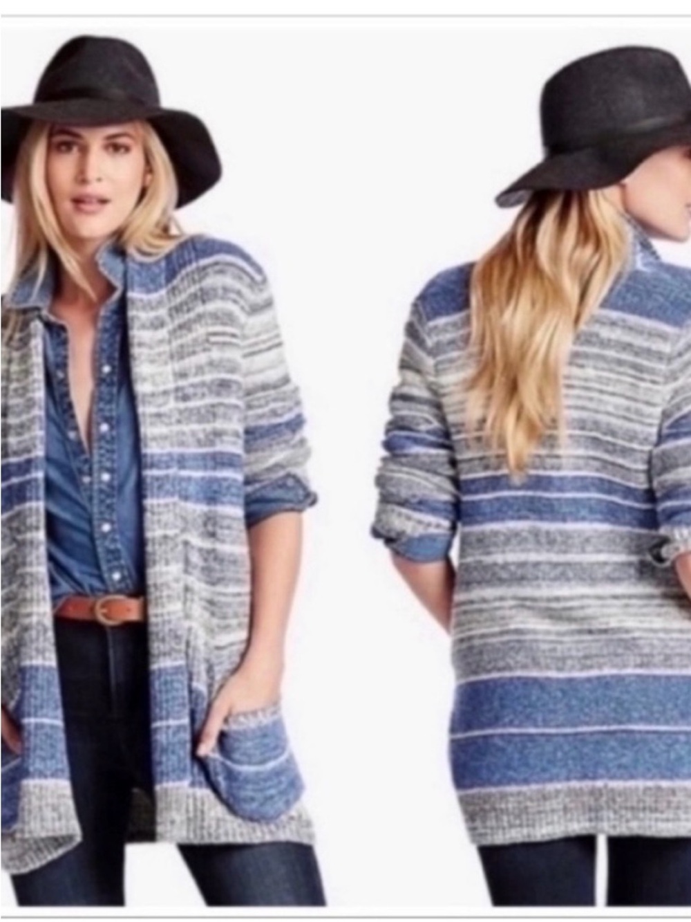 Lucky Brand cardigan blue and white striped knit sweater open front